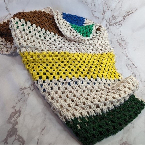 Vintage Crochet Blanket Throw Afghan Retro Brown Yellow Cream Blue Boho Stripe - Picture 7 of 13